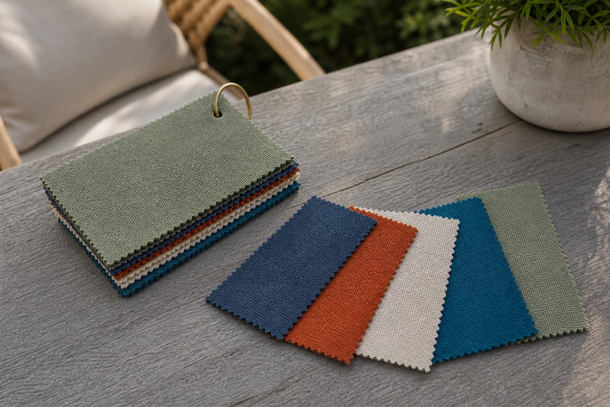 Curated performance fabric swatch pack on a teak table in natural light
